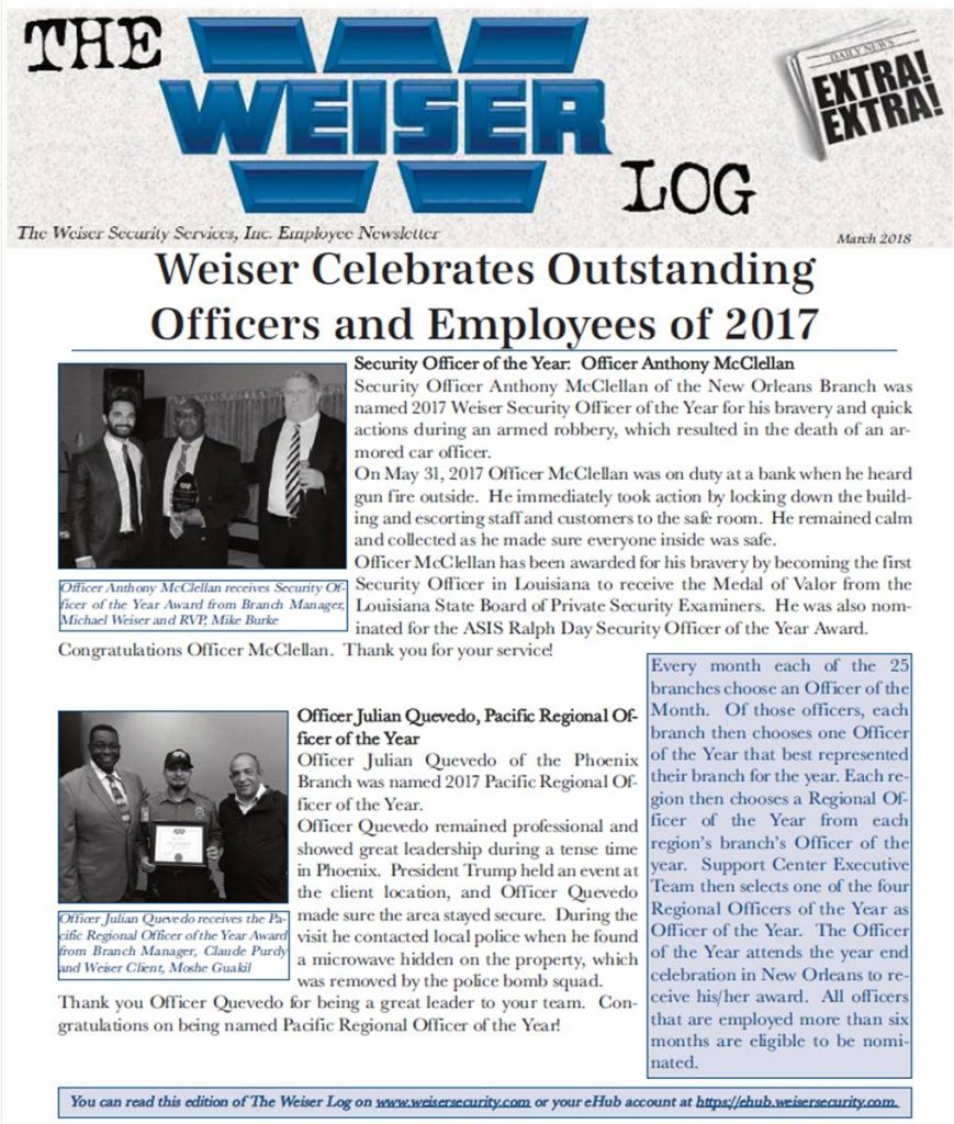 The Weiser Log March 2018 Weiser Security Services, Inc.